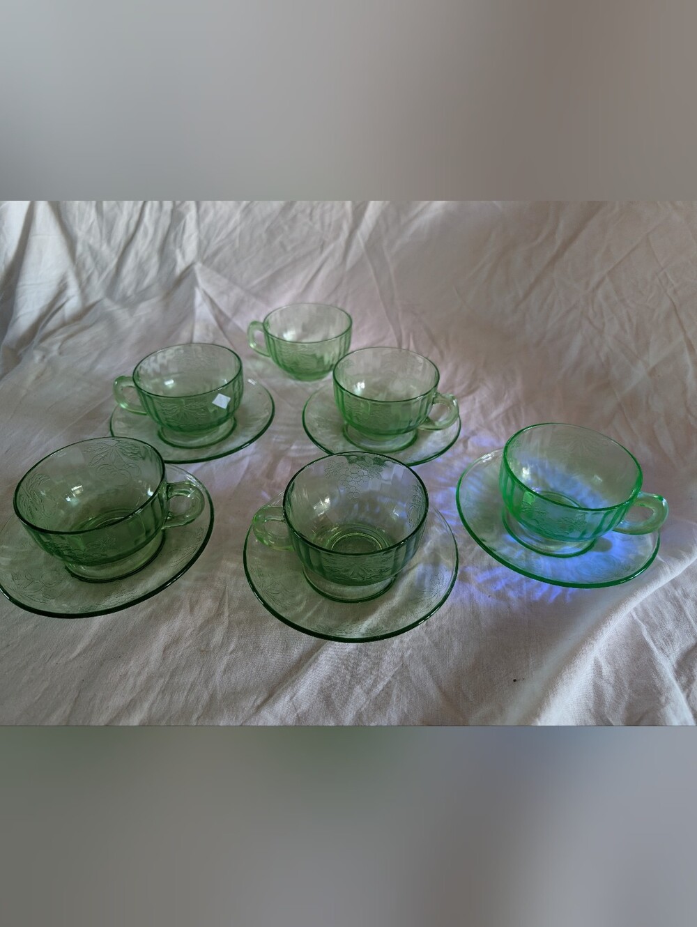 Vintage Green Depression fruit uranium Glass Cup and Saucer Set